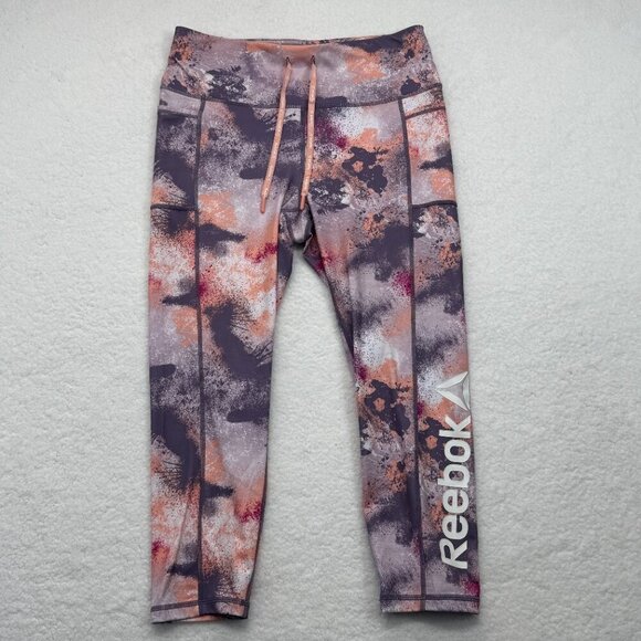 Reebok Capri Leggings Pockets Drawstring Splatter Print Mulled Grape Womens L - Picture 6 of 11
